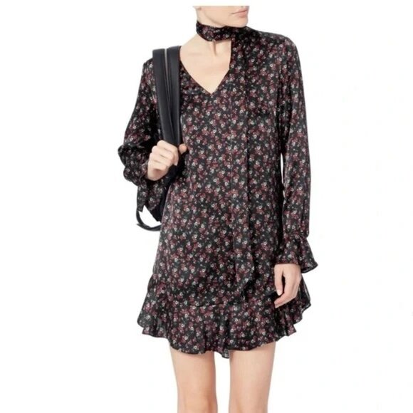 Intermix Black Floral Silk Serena Tie Neck Ruffle Mini Dress Womens sz 6 - Picture 1 of 10